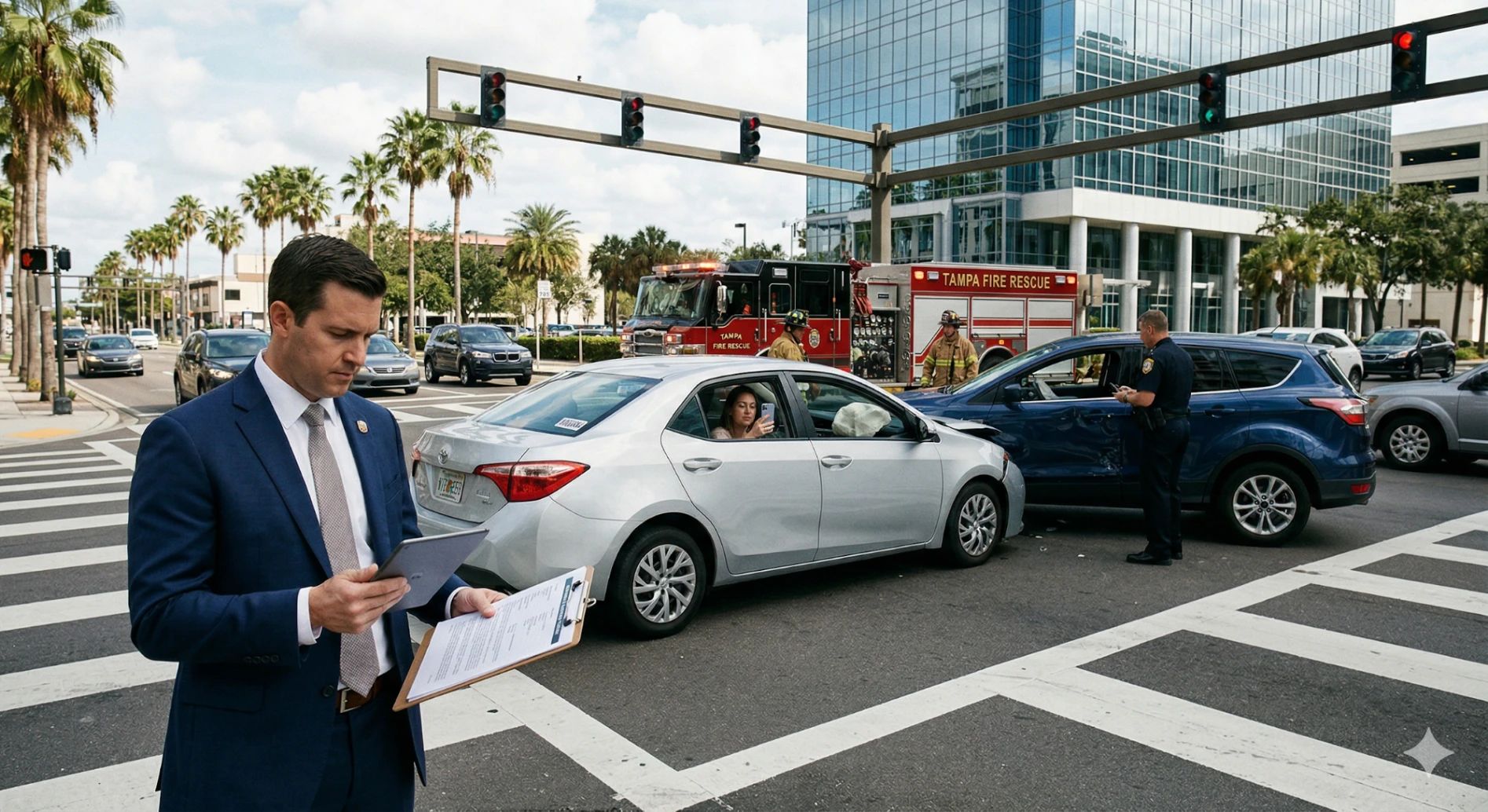 tampa Caso de lesiones personales por accidente automovilístico: los autos de alquiler chocan entre sí.