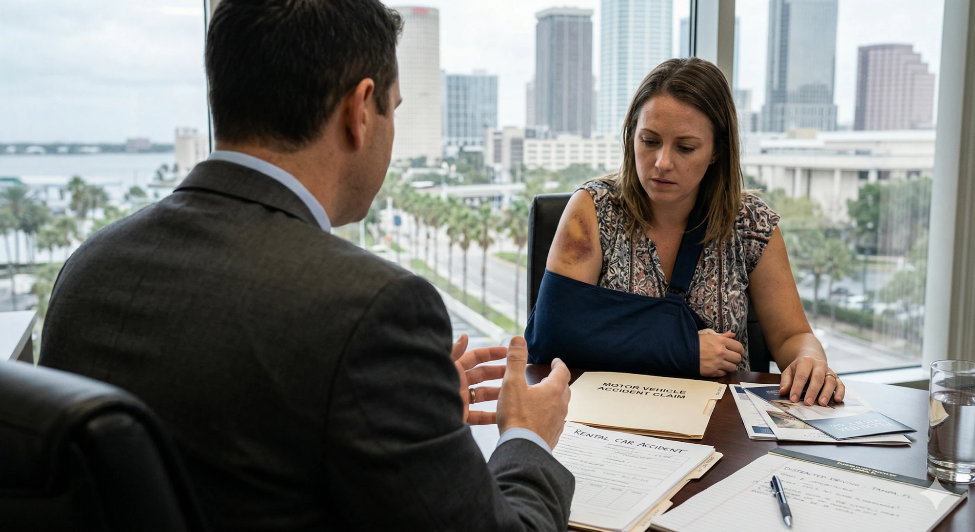 tampa Abogado especializado en accidentes de alquiler de coches habla con la víctima del accidente sobre la reclamación por accidente de tráfico.