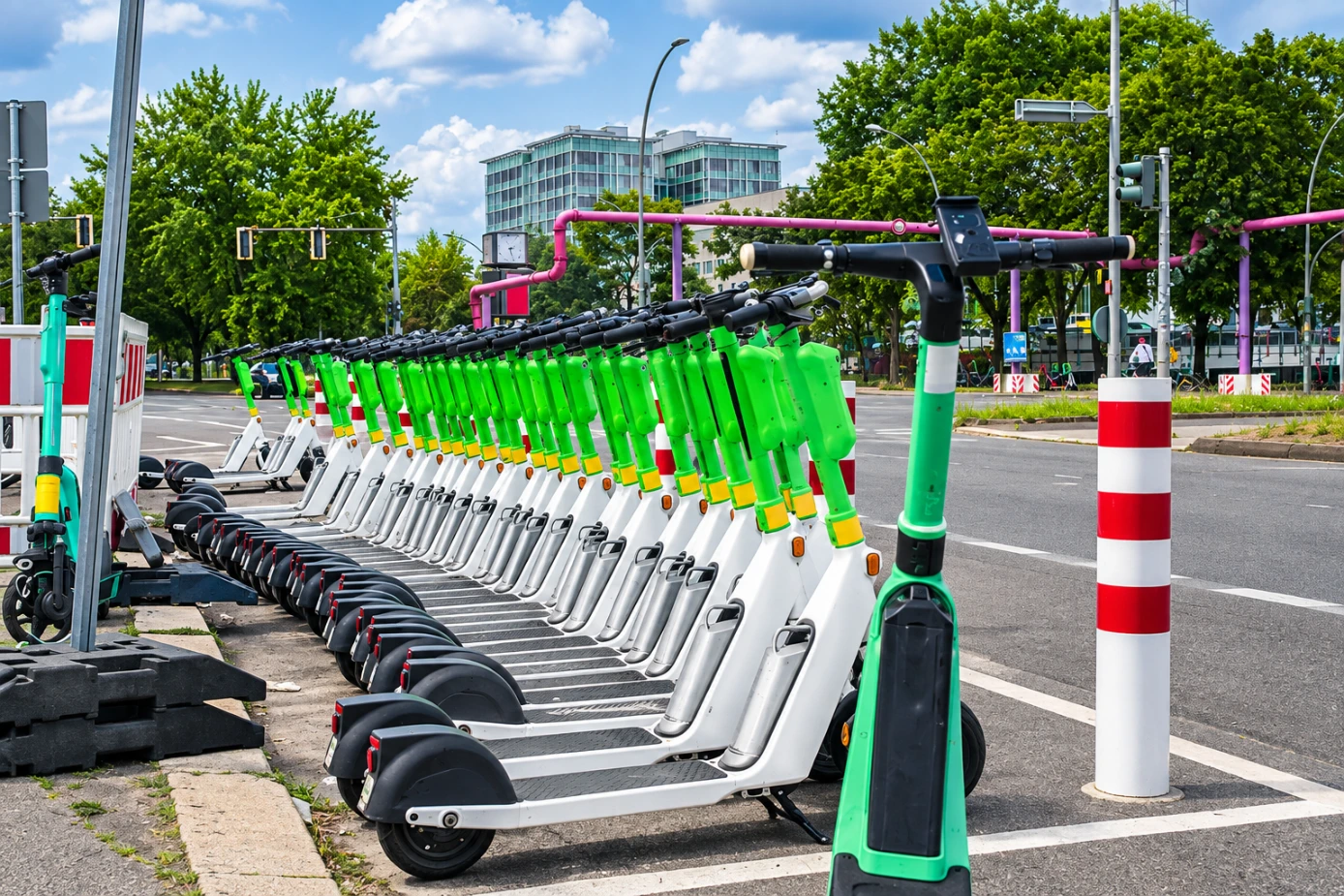 fila de patinetes de alquiler concepto de abogado de accidentes de patinetes Lime