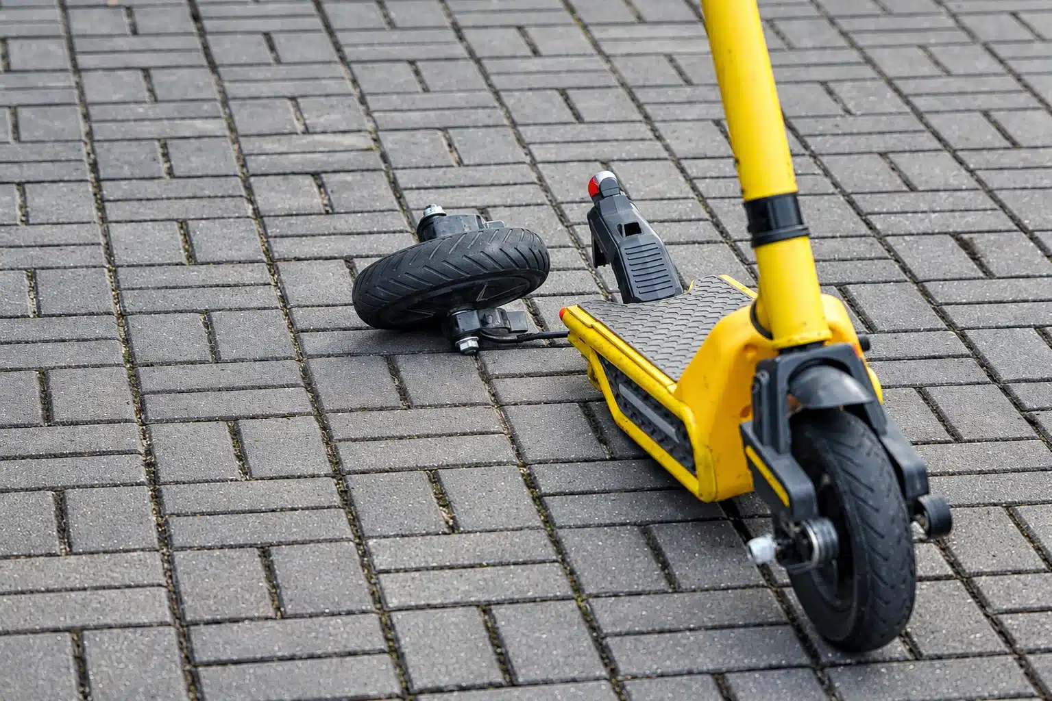 Un patinete eléctrico defectuoso con una rueda rota en la acera de la ciudad supone un riesgo para la víctima de un accidente.
